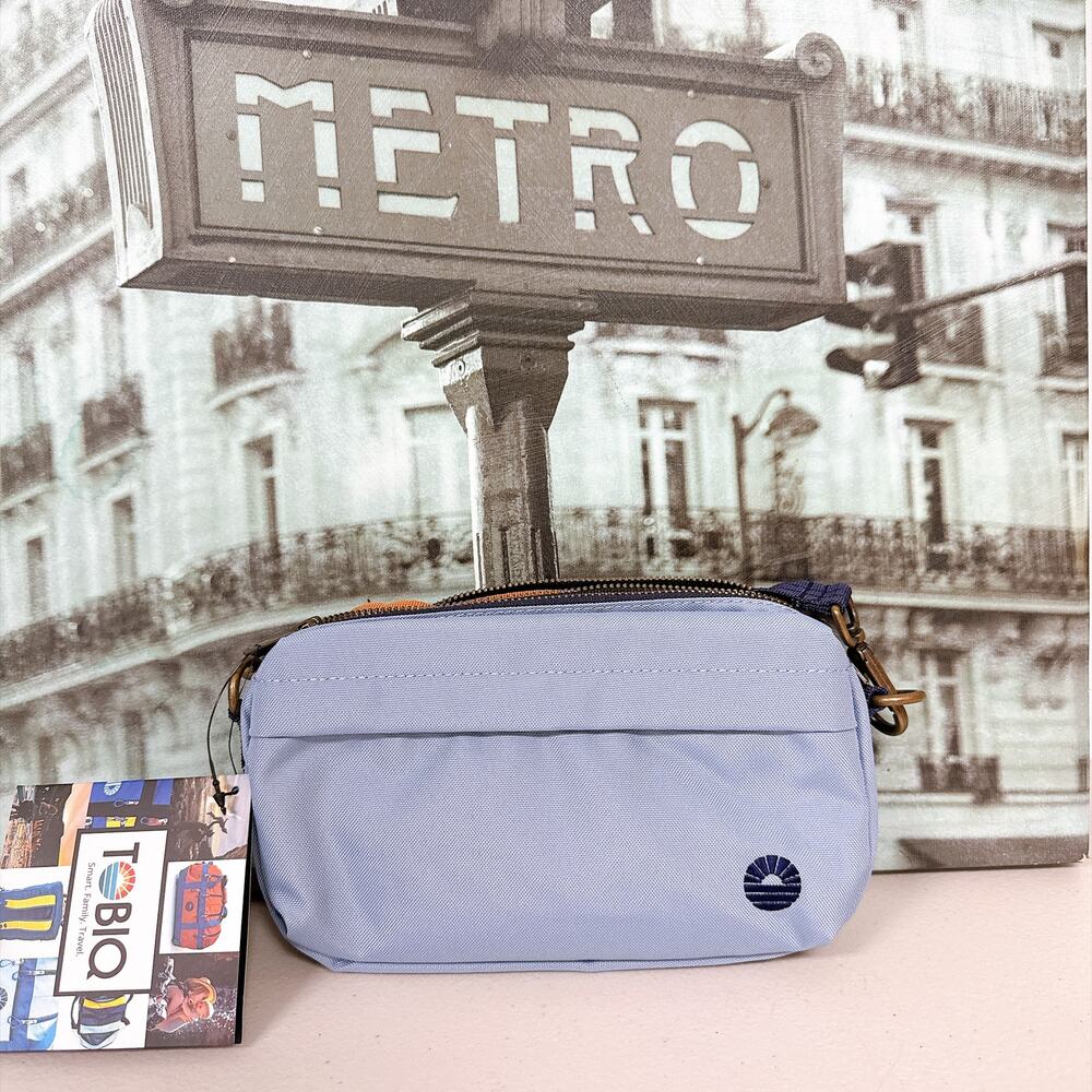 TOBIQ Light Blue RPET Crossbody Camera Bag Adjustable Navy Strap NWT